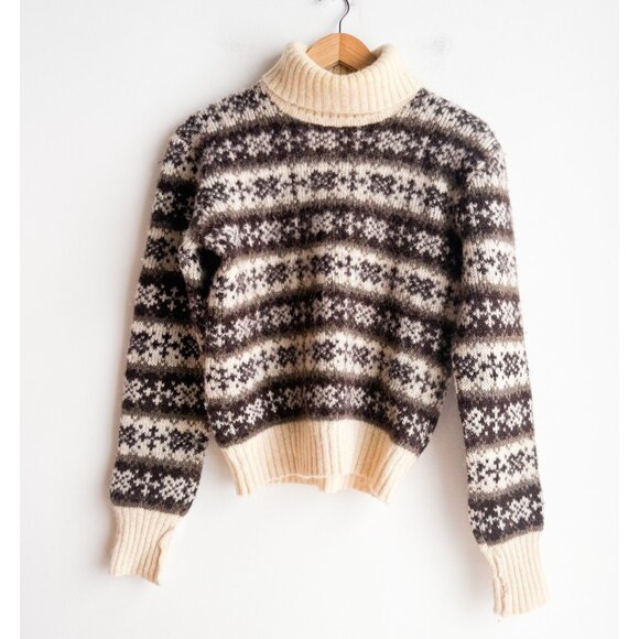 Vintage Fairisle Ivory Brown Icelandic Wool Turtleneck Sweater S - Picture 1 of 9